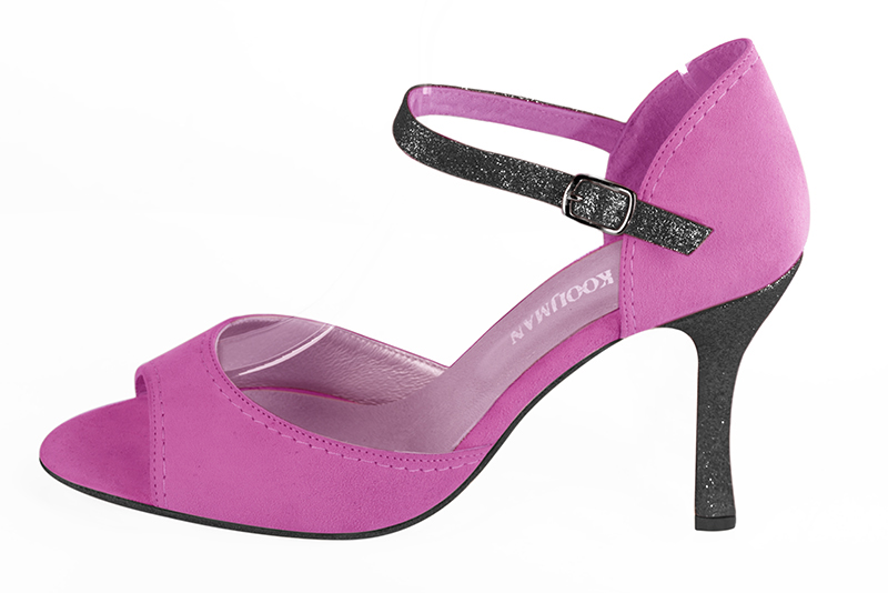 Shocking pink and gloss black women's closed back sandals, with an instep strap. Round toe. Very high spool heels. Profile view - Florence KOOIJMAN